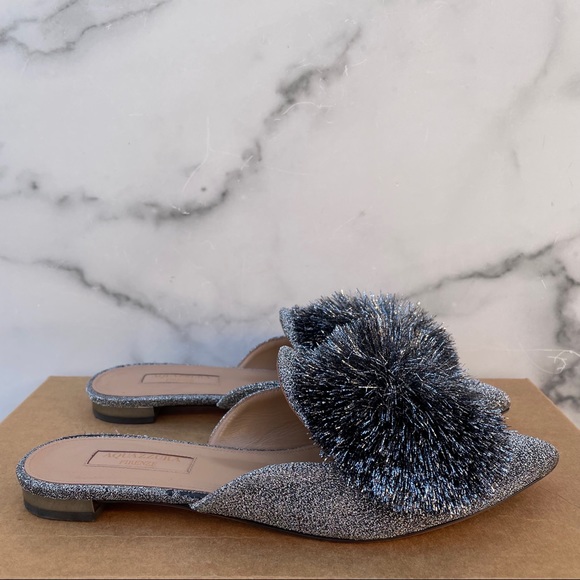 Aquazzura Powder Puff Pompom metallic silver lurex flat mules slippers size 36 - Picture 9 of 16